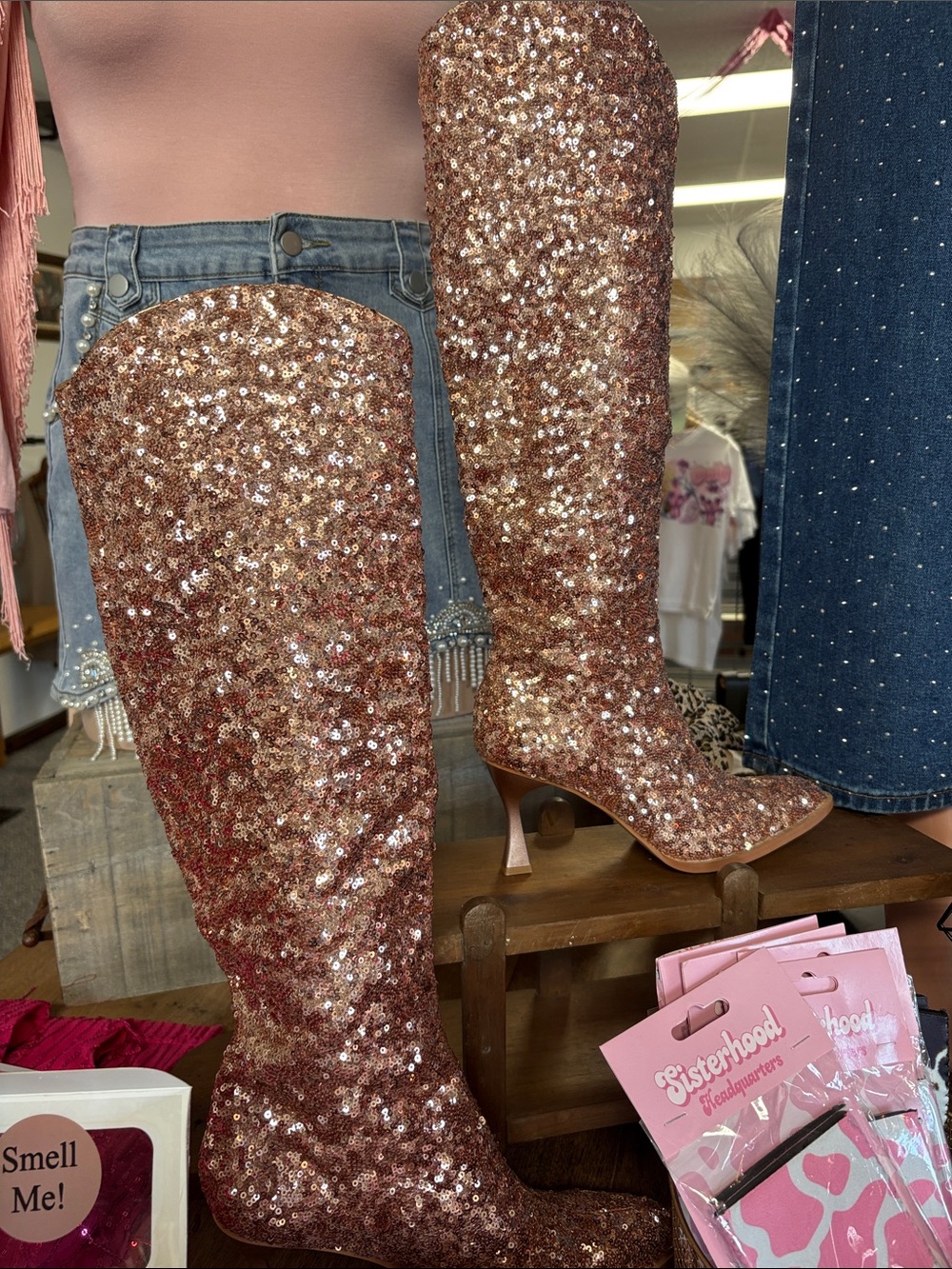 Sequin Over-the-Knee Boots in Rose Gold